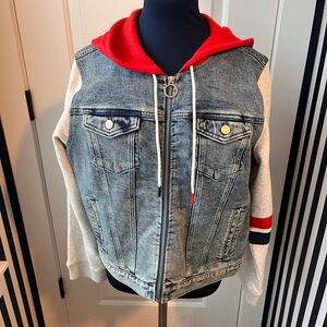 Denim and Red Hooded Tommy Hilfiger mixed media Jacket sz large BNWT